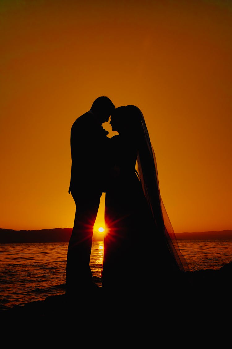 Silhouette Of Couple Hugging Near Water On Sunset