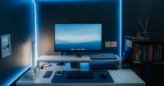 Sleek home office setup with monitor, laptop, and LED lights, perfect for productivity.