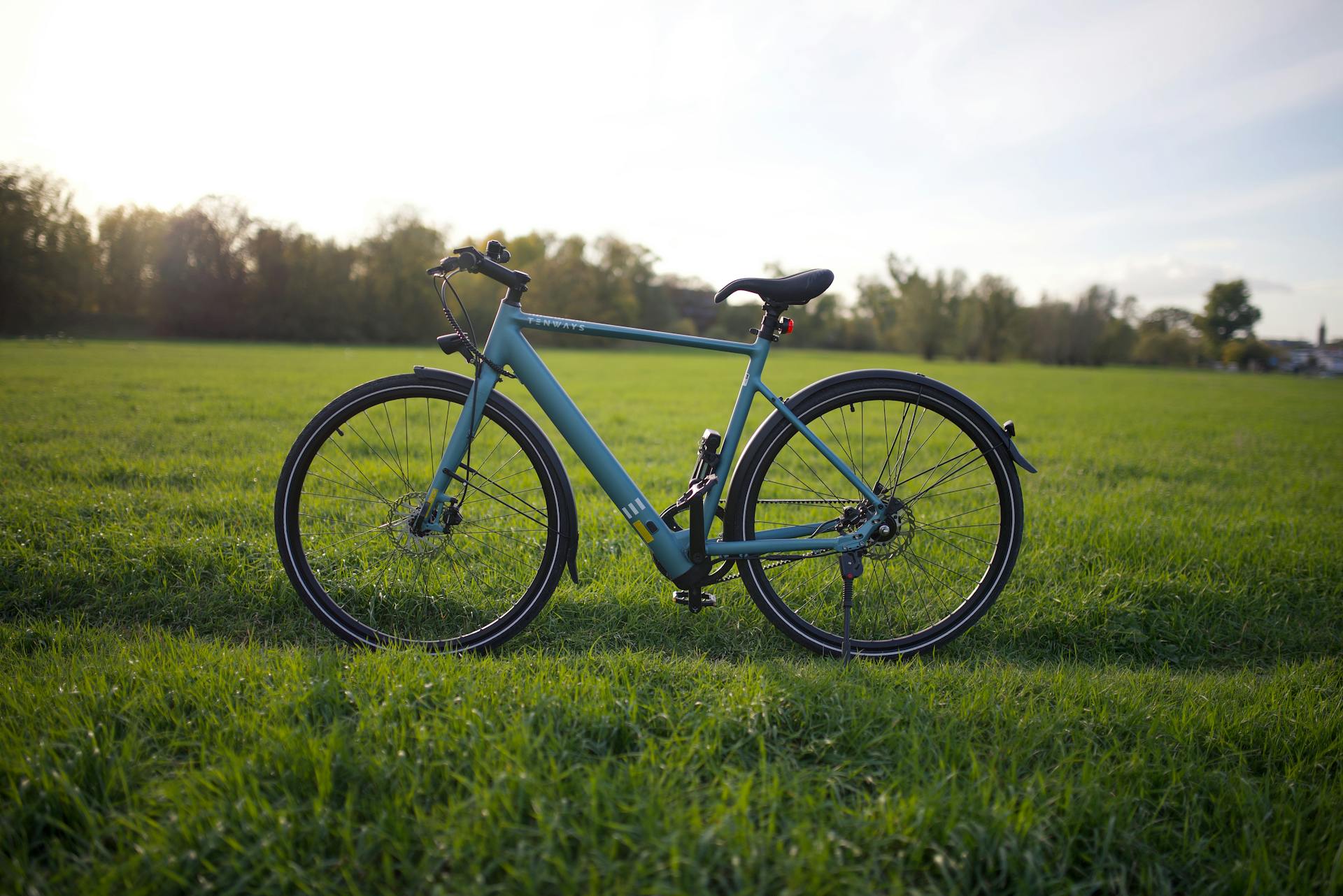 A sleek electric bicycle standing in a sunny open field, emphasizing modern transportation.