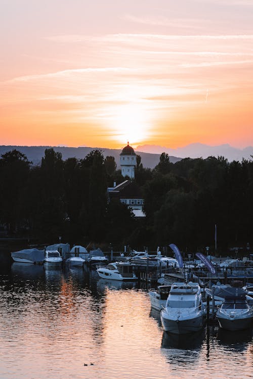 Yachts Docked on a Lake Sunset View