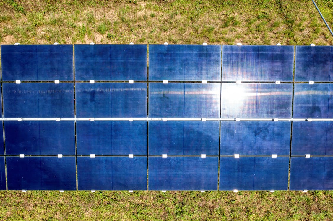 Blue Solar Panels on the Grass Field