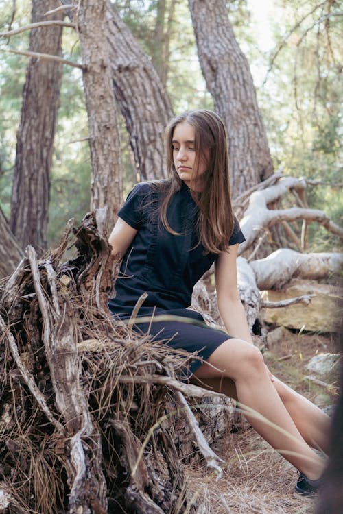 Free A Woman in Black Dress Sitting on a Fallen Tree Stock Photo