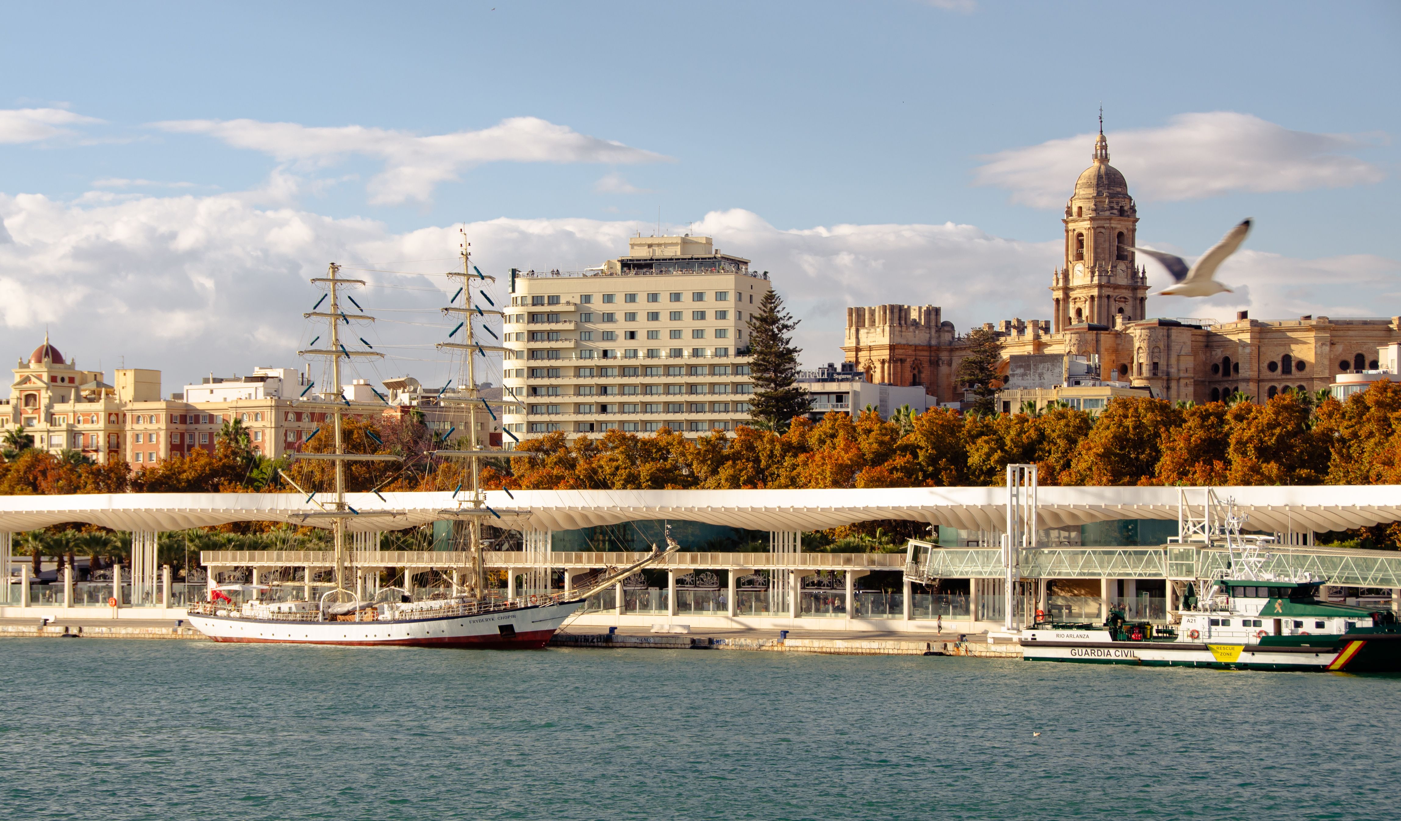 A picturesque view of the harbor in Málaga, Spain, showcasing the iconic cathedral under a sunny sky.
