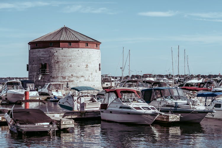 Shoal Tower And Boats In Harbour, Kingston, Ontario, Canada