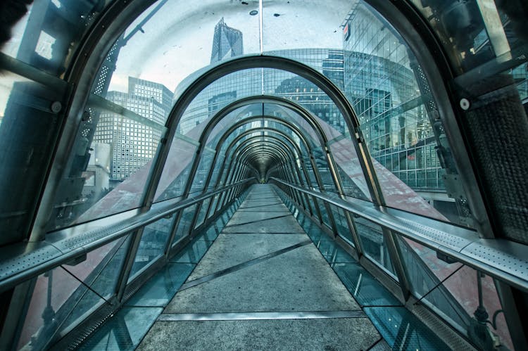 Futuristic Glass Tunnel In A City Center 