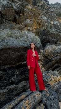 Stunning woman in a red suit poses amidst dramatic rocky landscape showcasing bold fashion style.