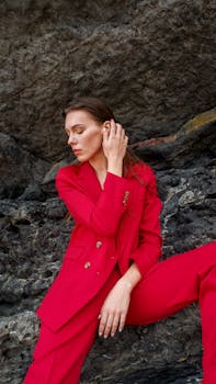 Stylish woman in a vibrant red suit posing against a textured rock surface. Fashion and elegance in nature.