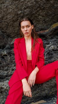 Stylish woman in vibrant red suit sitting against a rocky background, exuding confidence and modernity.