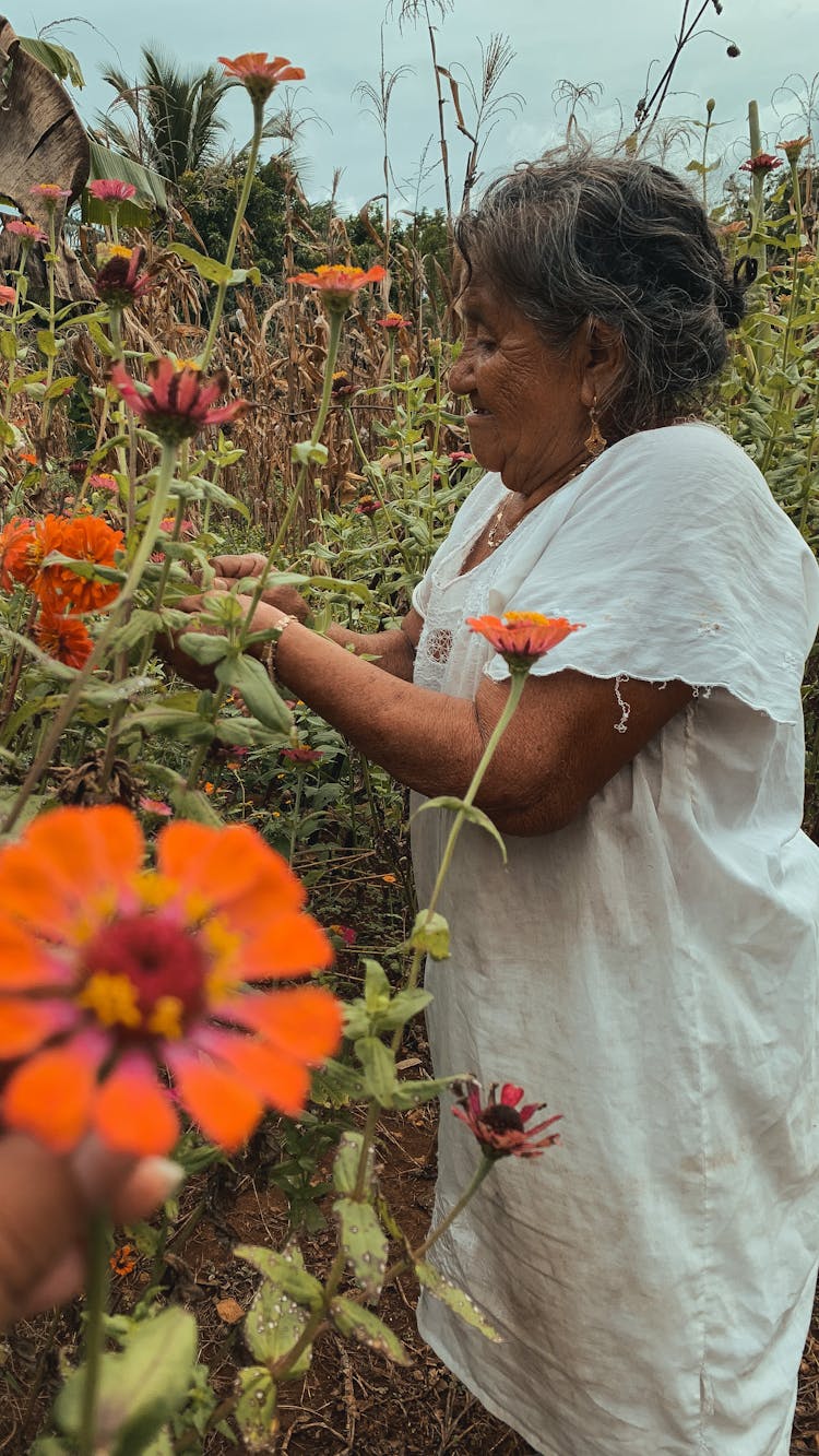 Old Woman In White Dress Standing On Flower Field