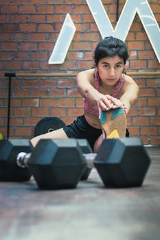 Focused woman stretching in a gym with dumbbells nearby on a wooden floor.