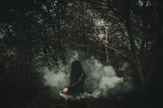 An enigmatic woman in black surrounded by smoke in a dark forest.