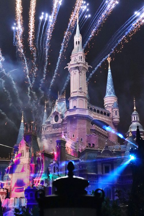Free Majestic illuminated castle with fireworks exploding against the night sky in a theme park setting. Stock Photo