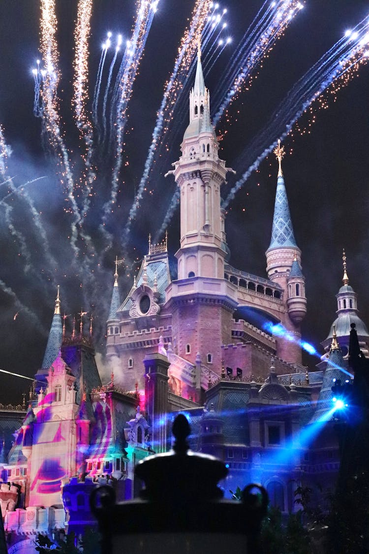 Disney Castle With Fireworks Display During Night Time