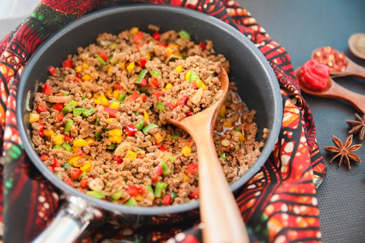 Fresh Picadillo In Pan Left On Colorful Tea Towel