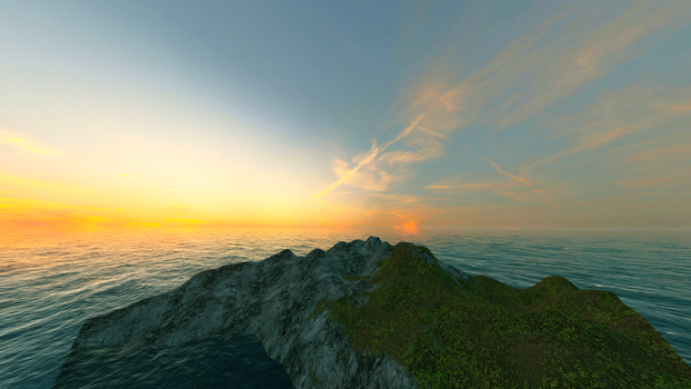 A stunning sunrise over a rocky island surrounded by the vast ocean horizon.
