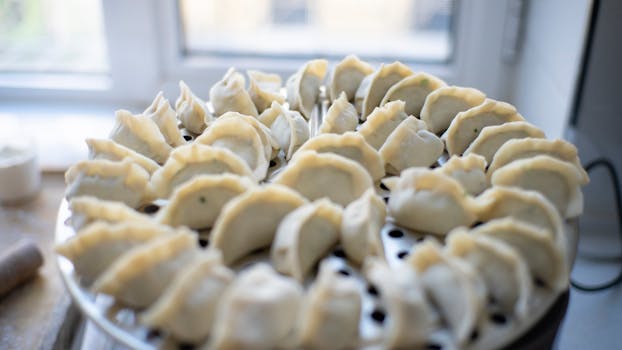 A close-up view of freshly prepared dumplings arranged neatly in a steaming tray near a window.