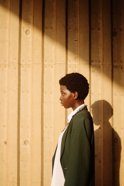 Elegant side profile of a woman posing against a wooden wall in warm sunlight.