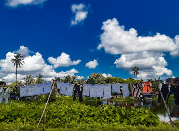 Clothes Hanging On Clothesline Near Body Of Water Under Blue Sky