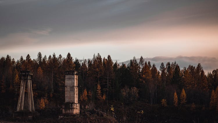 Stone Towers In Forest On Sunset