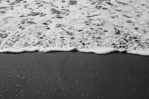 Grayscale Photo of Sea Foam on the Sea Shore