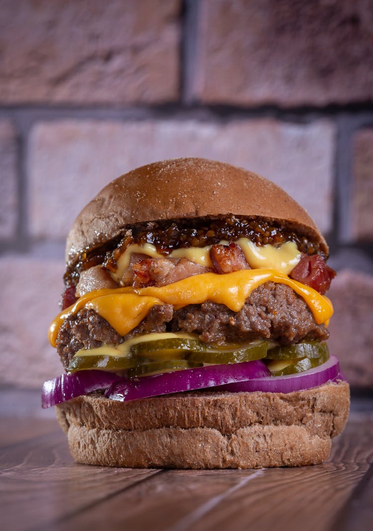 Close-Up Photo Of Bacon Cheeseburger Sandwich