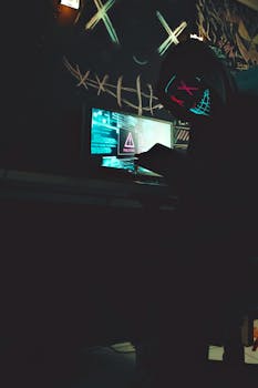 A shadowy figure in a mask using a computer with glowing screens, creating a mysterious atmosphere.