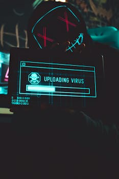 Hacker in a dark room holding a tablet with a virus uploading screen, representing cyber threat.