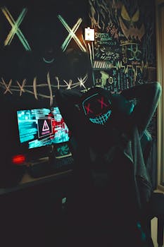 A person with a glowing mask in a dark room filled with hacking-themed decor. Cybersecurity threat concept.