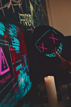 A mysterious figure in a neon mask in a dark cyber-themed room, symbolizing hacking and cyber threats.