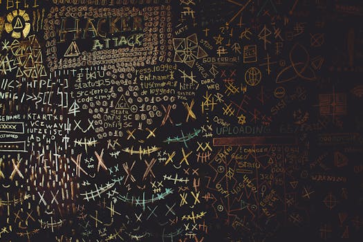 Complex chalkboard art featuring hacking symbols, codes, and geometric patterns.