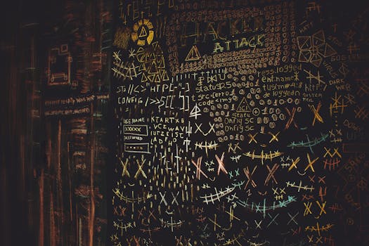 Chalkboard filled with complex cybersecurity and hacking symbols in colorful chalk.