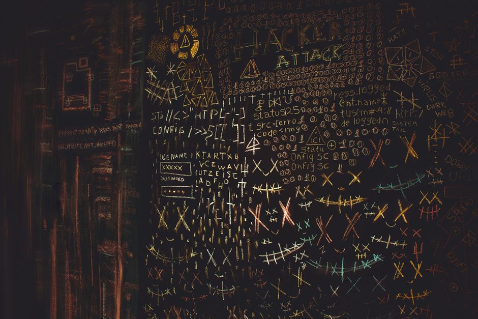 Proton Mail vs Tutanota: Encrypted Email Privacy Features Compared Chalkboard filled with complex cybersecurity and hacking symbols in colorful chalk.