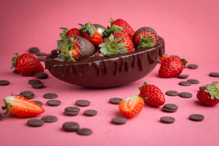 Close-Up Photo Of Chocolate With Strawberry Toppings