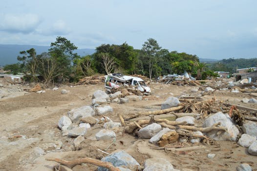Image shows the devastating impact of monsoon rains in Northeast India, with landslides and flooding affecting homes and infrastructure.