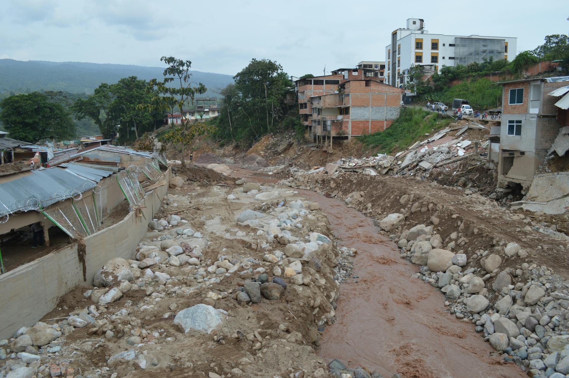 Destruction in Mocoa, Colombia due to a severe mudslide with debris and damaged buildings.