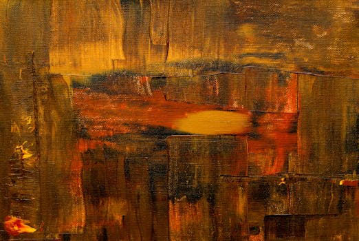 温暖的抽象绘画采用朴实的调色板和纹理笔触