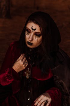 A woman with gothic makeup and red cloak poses in a spooky forest.
