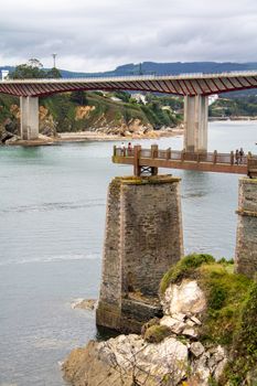 Aerial view of the Ribadeo Bridge spanning across Eo River, Ribadeo, Spain.