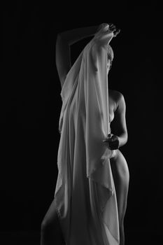 Captivating silhouette of a woman posing with draped fabric in monochrome.