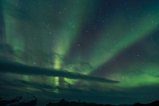 Beautiful aurora borealis dancing across a starry night sky, captured in an expansive outdoor scene.