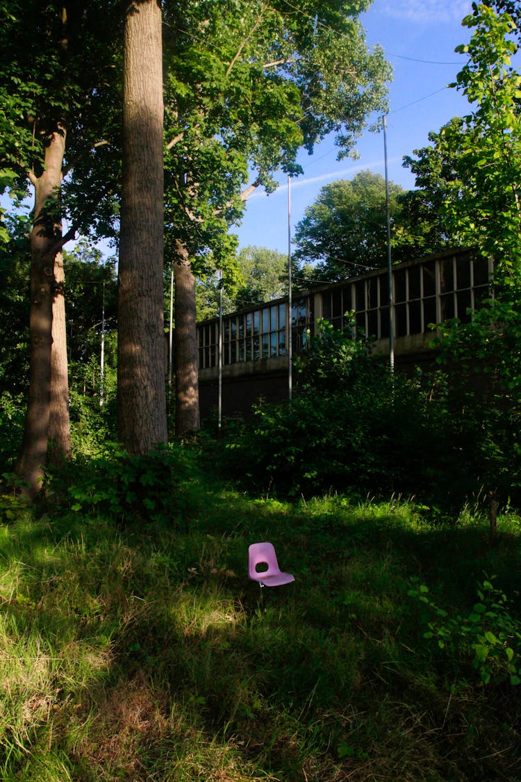 A Small Pink Plastic Chair On Backyard