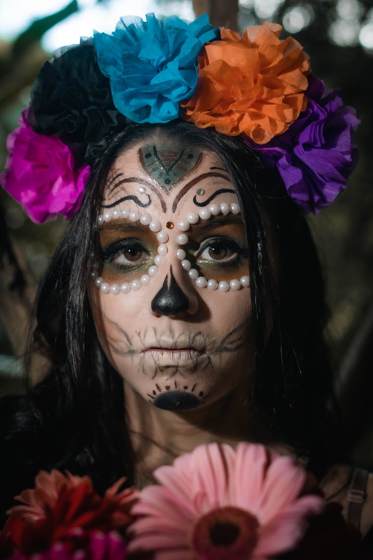 Portrait Of A Woman With Death Festival Mask And Wreath