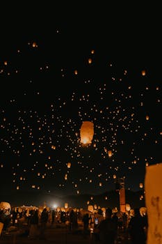 A captivating night scene of a lantern festival with lanterns illuminating the dark sky.