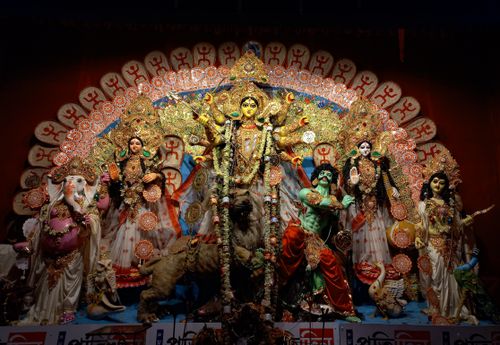 Free Intricate Durga Puja idol display in Kolkata, showcasing traditional Hindu art and spirituality. Stock Photo