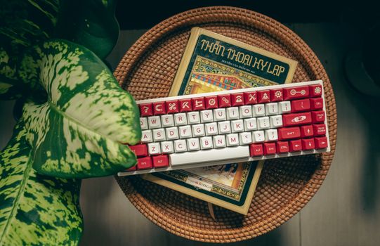 A red and white mechanical keyboard rests on a woven basket with a decorative book and lush green plant.