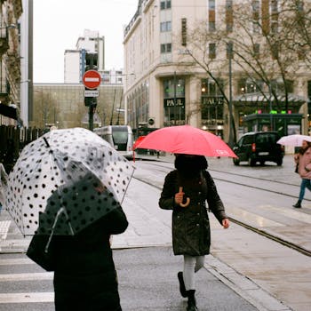 Pedestrians walk under umbrellas on a rainy day in Nancy, France.