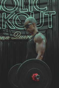 Muscular man lifting a barbell in a gym, wearing sunglasses. Emphasizes strength and fitness.