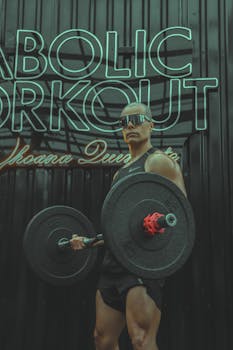 Muscular man in sunglasses lifting barbell indoors in a gym.