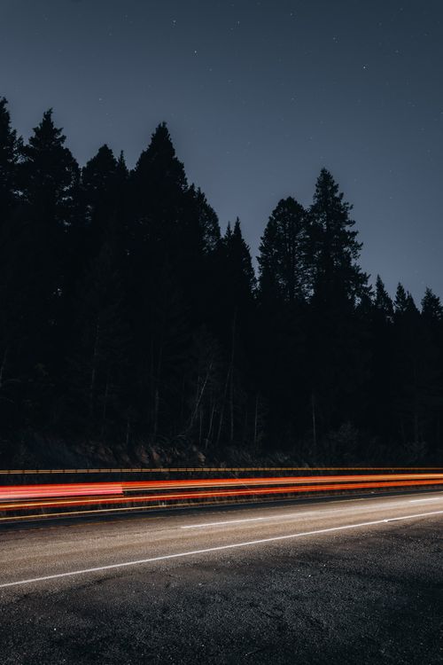 Free Long exposure of light trails on a road at night against a forest backdrop. Stock Photo