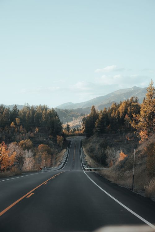 Free A picturesque road winds through an autumn forest with clear skies and mountain views. Stock Photo